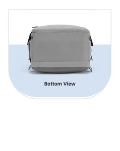Detailed bottom view of gray travel backpack with breathable mesh and metal hook