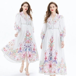 Women Maxi Dress Floral Print V Neck Lantern Long Sleeve Button Waist Cinching Ethnic Vacation White Polyester