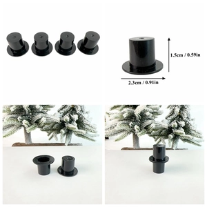 Detailed view of mini black plastic top hats for DIY snowman crafts with size markings