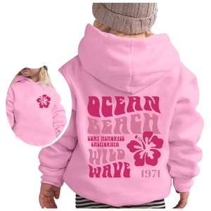 Pink kids hoodie with Ocean Beach Wild Wave 1971 floral print in a loose fit