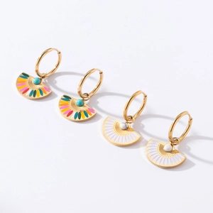 Stainless Steel Fan Shaped Dangle Earrings Gold Plated Enamel Bohemian Ethnic Style Jewelry For Women Luxury