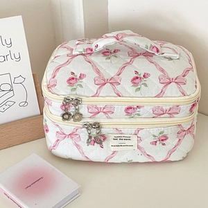 Detail of floral double-layer cosmetic bag with metal zippers and cute flower pendants