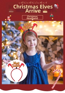 Detail of red Christmas headband with gold Merry Christmas lettering and festive elf hat