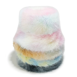 Faux mink fur bucket hats stacked in colorful tie-dye gradient macaron shades