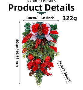 Detailed Christmas teardrop swag dimensions with red bow and pine cones on white background