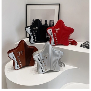 Star shaped tote bags in black, red, coffee and silver with piano key pattern design