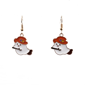 Cartoon ghost earrings with orange hats and gold hooks for Halloween jewelry collection