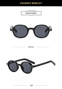 Detail view of vintage oval sunglasses with black frames and gray lenses shown from two angles