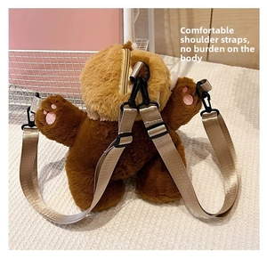 Detail of adjustable nylon straps and metal zipper on this cute plush bear backpack