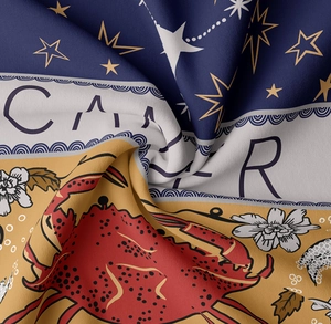 Detailed fabric texture of Cancer zodiac tapestry with intricate floral patterns and vibrant colors