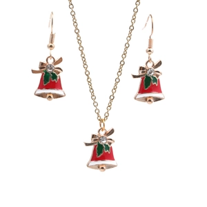 Christmas Bell Necklace And Earrings Alloy Drip Oil Rhinestone Bow Holiday Jewelry For Women Girls