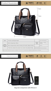 Detailed dimensions of the black vintage PU leather tote bag with size comparison to phone