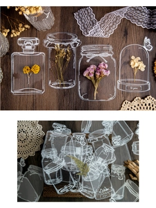 Detailansicht von transparenten PET-Aufklebern im Glasflaschendesign für DIY Scrapbooks