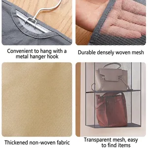 Grey multi-layer hanging bag organizer with metal hooks and transparent mesh pockets