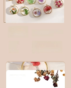 Detail of geometric alloy charms with real dried flowers in resin for DIY jewelry