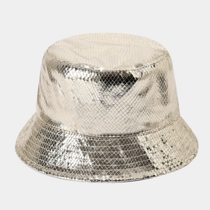 Detail shot of laser silver PU leather bucket hat with metallic snake skin texture