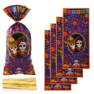 Day of the Dead skull treat bags in purple with marigolds and gold twist ties
