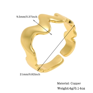 Detailed view of adjustable wavy copper ring with 18K gold plating and dimension specs