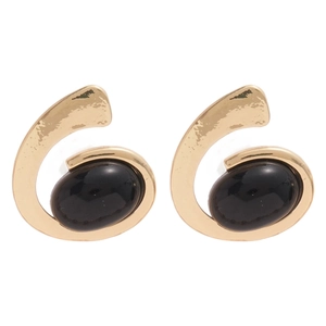 Vintage oval black gemstone gold earrings with hammered texture on white background