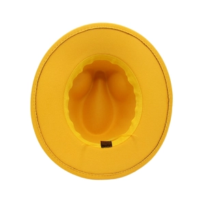 Detail shot of the yellow fedora interior showing the sweatband and material care label