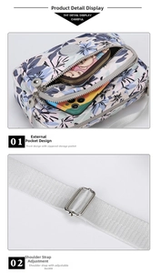 Detail showing the adjustable silver strap and zipper pockets of the floral crossbody bag