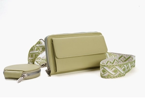 Detailed view of avocado green crossbody phone bag with wide strap and round coin purse