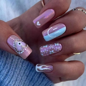 Künstliche Nägel Weiß Flamme Herz Böser Blick Blumen Design Sargform Süß INS Stil Maniküre Für Frauen
