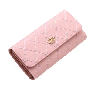 Pink PU leather long trifold wallet for women with quilted pattern and gold crown buckle