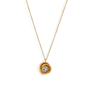 Gold twist necklace with 18K hollow rose swirl pendant and sparkling center crystal