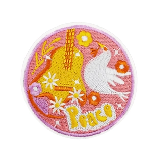 Pink hippie peace guitar embroidery patch with dove for luggage and laptops
