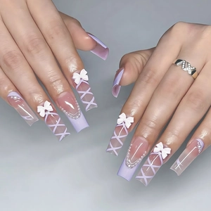 Purple Long Square Press On Nails French Style With 3D White Bows Cross Ribbon And Faux Artificial Pearls Balletcore Elegant