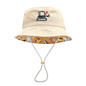 Beige kids cotton sun hat with cute excavator embroidery and colorful printed brim
