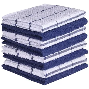 Blue and white checkered cotton waffle weave kitchen towels stacked on white background