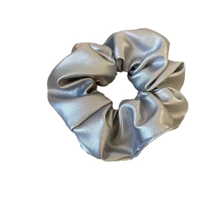 French style metallic silver faux leather scrunchie with elegant pleated texture