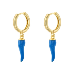Detailed macro view of gold-plated hoop earrings with vibrant blue chili charms and enamel finish