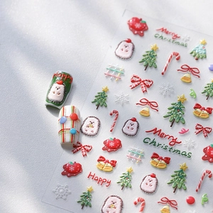 3D embossed Christmas nail art stickers featuring Santa hedgehog and festive holiday motifs