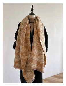 Detail of double-sided cashmere-like scarf with rose jacquard pattern and tassel fringe