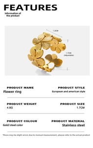 Vue technique détaillée de la bague fleur en acier inoxydable plaqué or 18K avec mesures