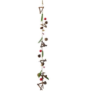 Vertical Christmas wood pendant with pine cones, red berries, and stars on white background