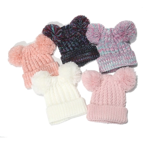 Kids Knitted Beanie Hat Dual Pom Poms Acrylic Winter Warm Cable Knit Colorful Ribbed Cuff For Boys Girls