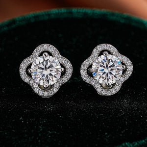 Lucky Four-Leaf Clover Stud Earrings With Moissanite And 925 Sterling Silver Earring Post Elegant Flower Halo Jewelry