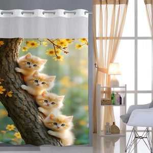 Detail of waffle fabric shower curtain with cute cats climbing trees and yellow flowers