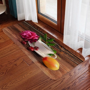Detailed 3D wood texture bath mat featuring blooming pink peonies and vibrant fruits