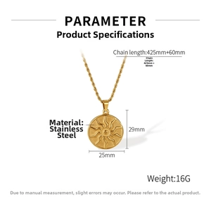 Detail view of gold sun totem pendant with dimensions 29x25mm and 425mm steel chain