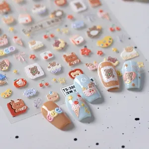 3D embossed cartoon bear nail stickers with cherries and ice cream motifs TS-386