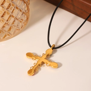Vintage gold stainless steel cross necklace with woven texture and black leather cord