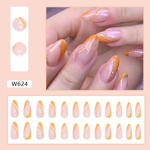 Almond-shaped orange and pink press-on nails set with glitter lines, 24 pieces