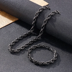 Retro vintage gunmetal stainless steel twisted rope chain necklace and bracelet set