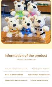 Set of five Westie plush keychains in colorful animal onesies on a display stand