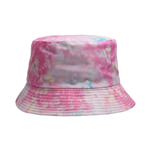 Close-up of pink tie-dye bucket hat featuring reinforced brim stitching and cotton texture